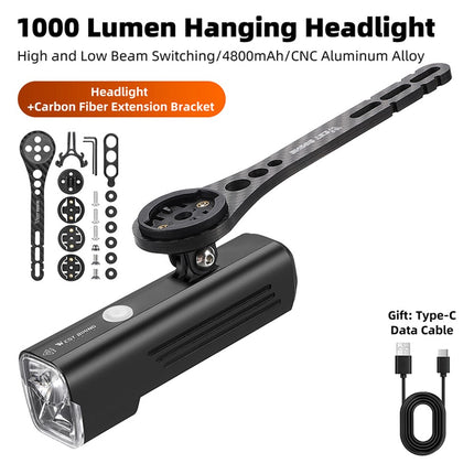 246Phare avant 1000 lumens WEST BIKING, support carbone avec chronomètre