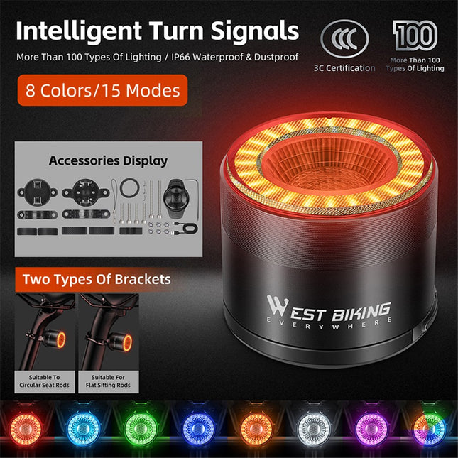 231Feu LED intelligent WEST BIKING YP0701420, détection, couleur, avertisseur VTT