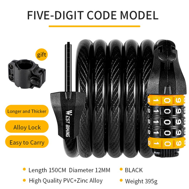 2135 Cable lock 1.5 m with 5-digit code for bicycle