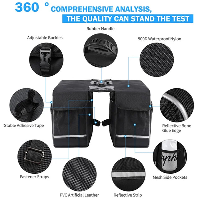 1483Sacoche de coffre de vélo 30L arrière double face étanche pour porte-bagages