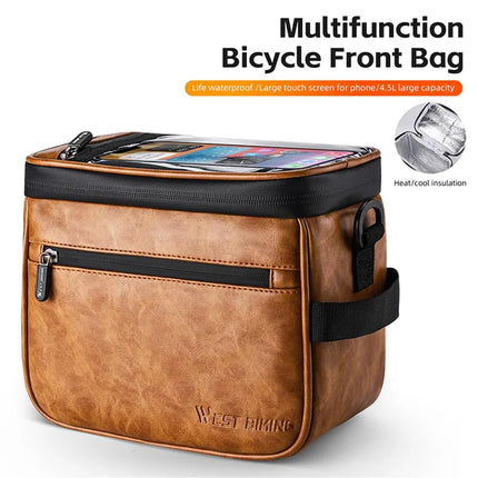 1622Sacoche de guidon de vélo en cuir thermique, support de téléphone