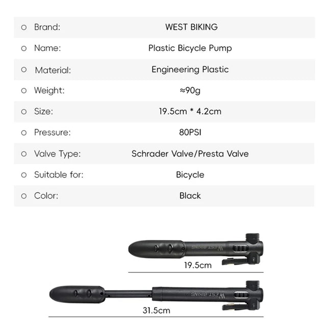 456Pompa per Bicicletta Portatile 80PSI Mini Plastica