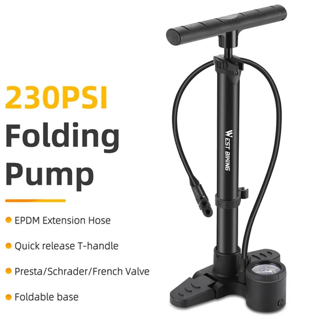 754Pompe à vélo portable 230PSI verticale avec base pliante pour vélos