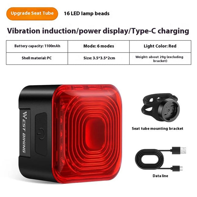 1500Fanale posteriore intelligente per bicicletta, rilevamento frenata, indicatore di batteria