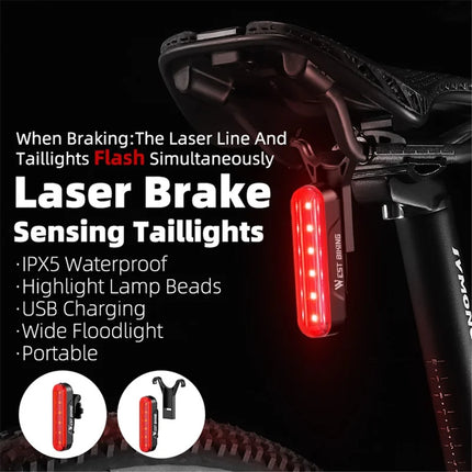 1154Lampe arrière de vélo à capteur de frein laser, 5 modes frein intelligent