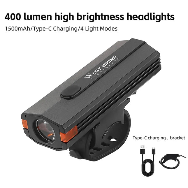 729 Plastic Bike Headlight 400LM, Night Cycling Torch - Black