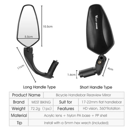 1251 Espejo retrovisor de manillar de bicicleta de montaña corto, giratorio 360 grados