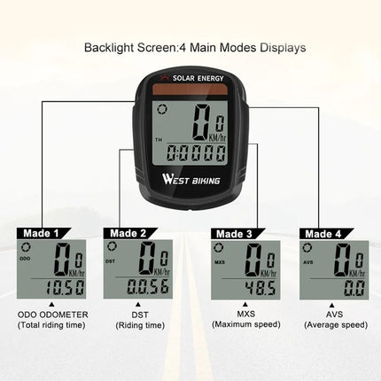 1189Compteur de vélo solaire sans fil, réveil automatique écran LCD rétroéclairé
