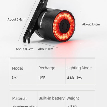 1865Rockbros Q3 LED Fahrrad Rücklicht mit intelligentem Stopp-System