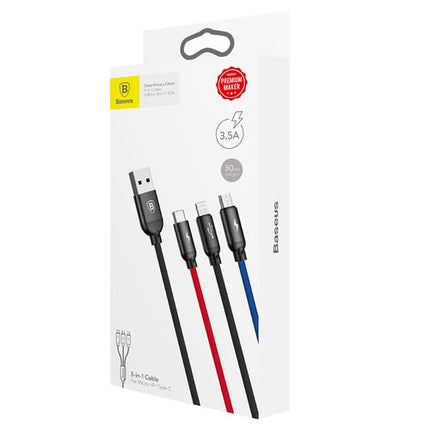 Baseus 3 i 1 USB-A-kabel, 0,3 m, svart (micro USB, Lightning, USB-C)