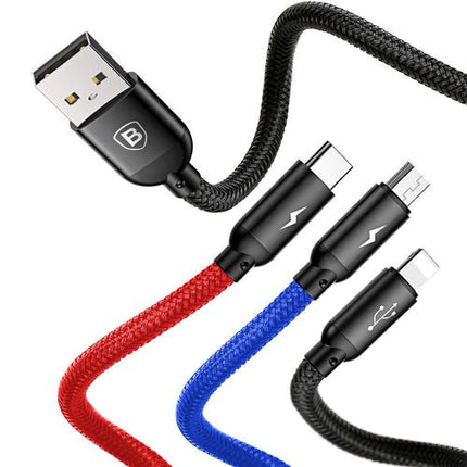 Baseus 3 i 1 USB-A-kabel, 0,3 m, svart (micro USB, Lightning, USB-C)
