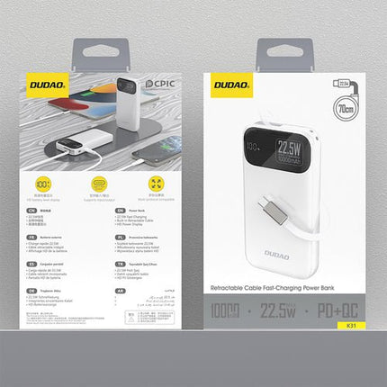 Externe batterij Dudao K31 10000 mAh 22,5 W PD geïntegreerde kabel - Wit