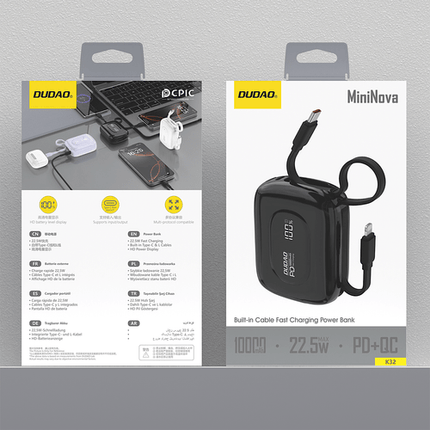 Εξωτερική μπαταρία Dudao K32 10000 mAh, USB-C/Lightning - Μαύρο.