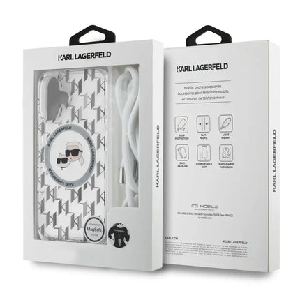 Karl Lagerfeld – Achterkant hoesje iPhone 16 – MagSafe IML – KC Hoofden – Koord – Transparant
