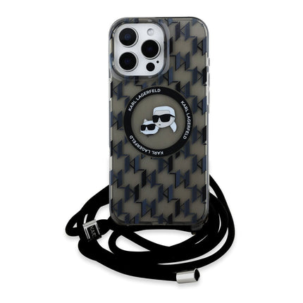 Karl Lagerfeld – Coque arrière iPhone 16 Pro Max – MagSafe IML – Têtes KC – Cordon – Noir