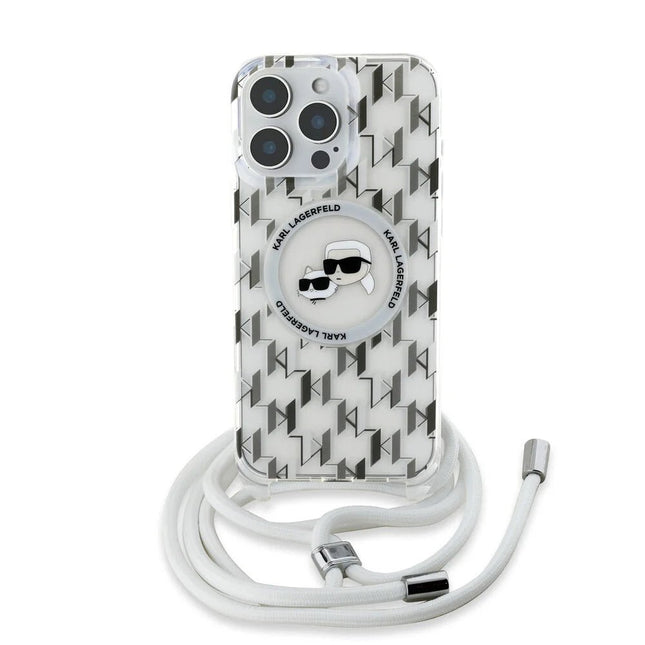 Karl Lagerfeld – iPhone 16 Pro Max Back Cover – MagSafe IML – KC Heads – Cord – Transparent